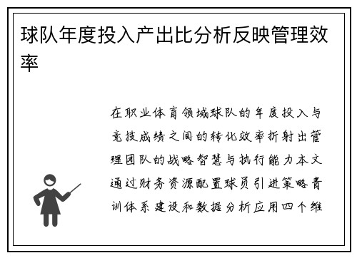球队年度投入产出比分析反映管理效率